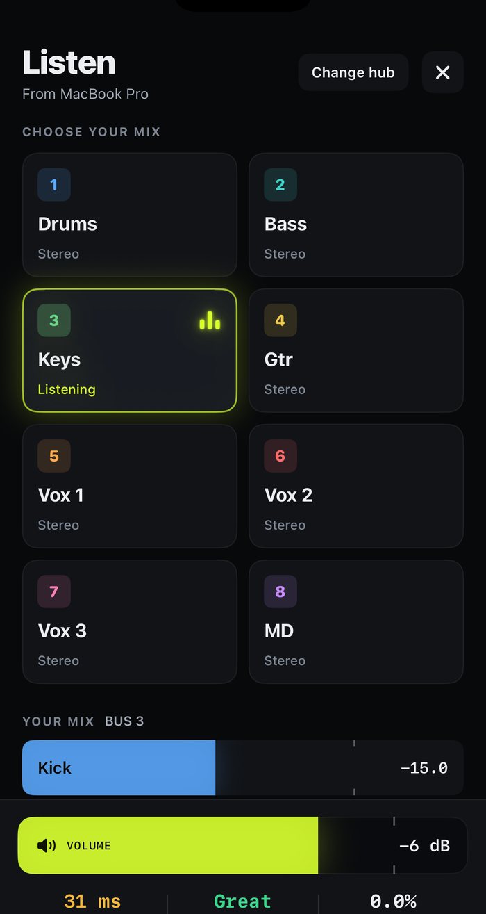 Wingman Listen on iPhone: eight mixes to choose from, with Keys selected and a volume slider.