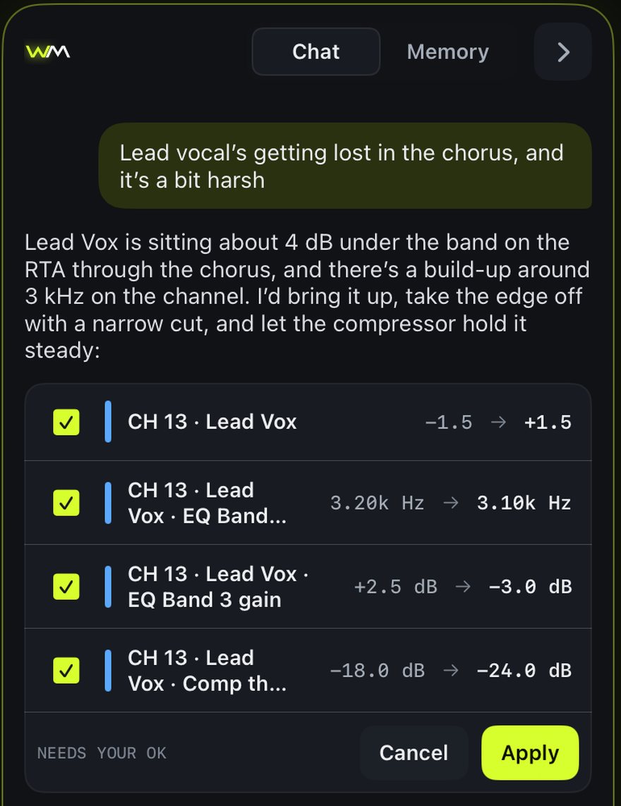 Ask Wingman on iPad: the lead vocal is 4 dB under the band, with a level, EQ and compressor change waiting for approval.